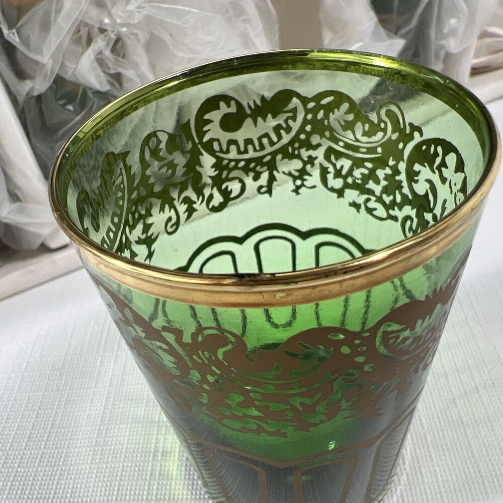 Vintage - 6 Emerald Green Moroccan Tea Glass Set • Gold Filigree - NEW - Picture 4 of 7